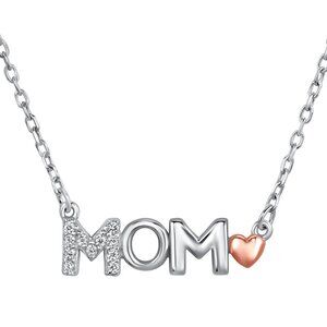 Silver 925 Rhodium Plated Pink Heart Clear Cubic Zirconia Mom Necklace
